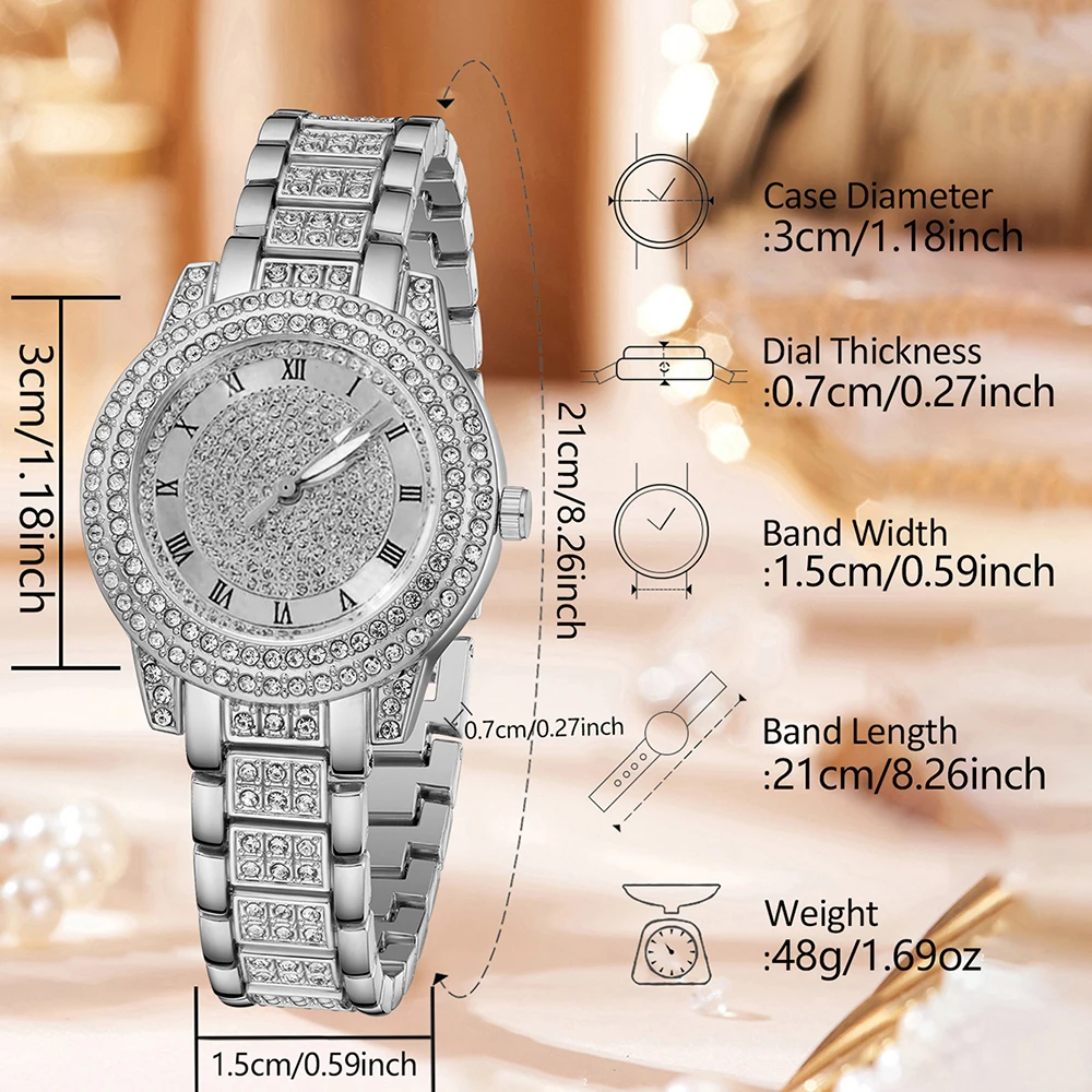 5Pcs/Set Unisex Jewelry Watches Women's Wristwatch Accessories Silver Trendy Fashionable Elegant Exquisite Light Luxury Rhinestone Luxurious Roman Numeral Dial Round Dial Quartz Watch Set Y2K Suitable for Daily Outfits Perfect Holiday Gift view 6