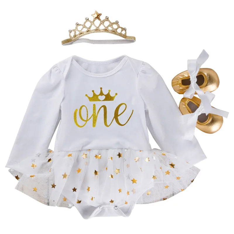 Golden Star Dress for Baby Girls First Birthday Outfits White Fall One Year Dress+Headband+Shoes Toddler Girl Party Clothes 12M