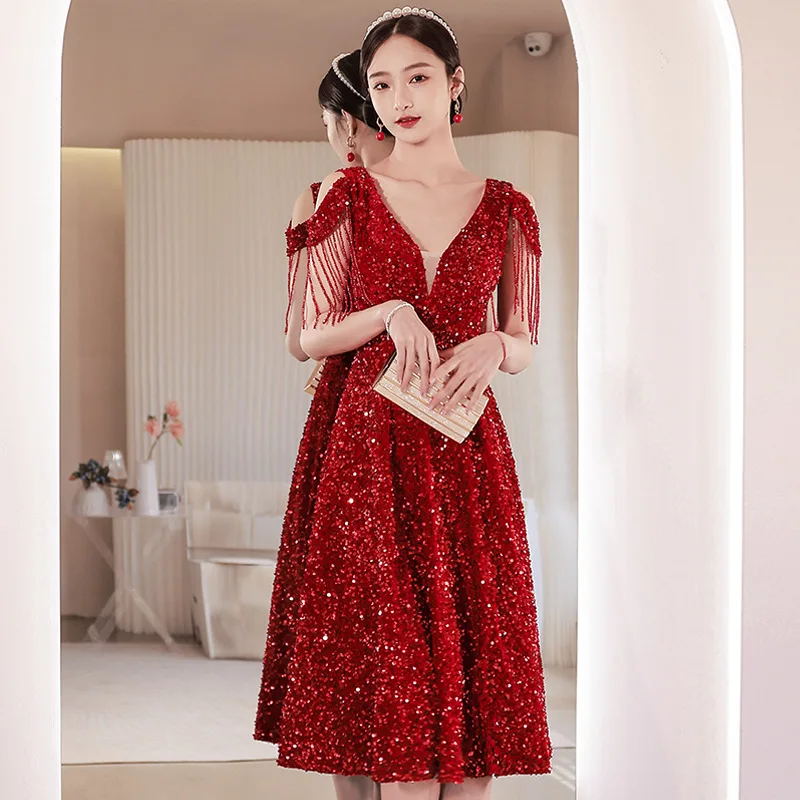 Burgundy Sequined Evening Dress V-Neck Off The Shoulder Tassel Long Party Dresses Female Backless Elegant Banquet Vestidos