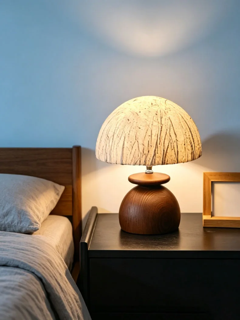 Paper Lampshade Table Lamp Brown Wood Base E27 Bulb For Roon