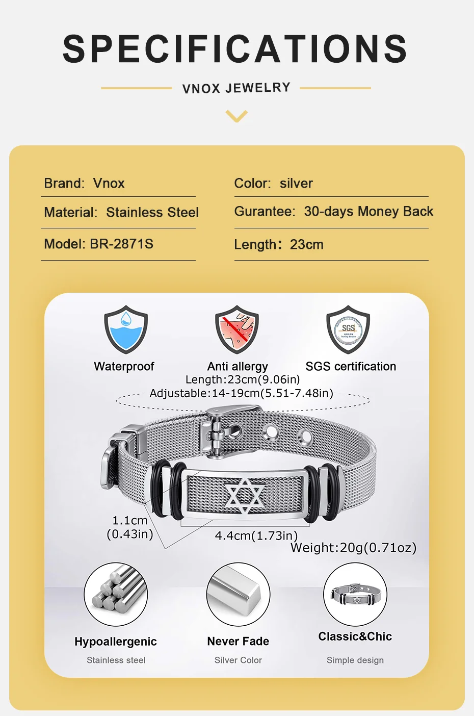 Vnox Edelstahl Hexagramm-Stern-Armband für Männer und Jungen, Stern-Mesh-Uhrenarmband, verstellbares Armband, Modeschmuck, Geschenk – Detail 4