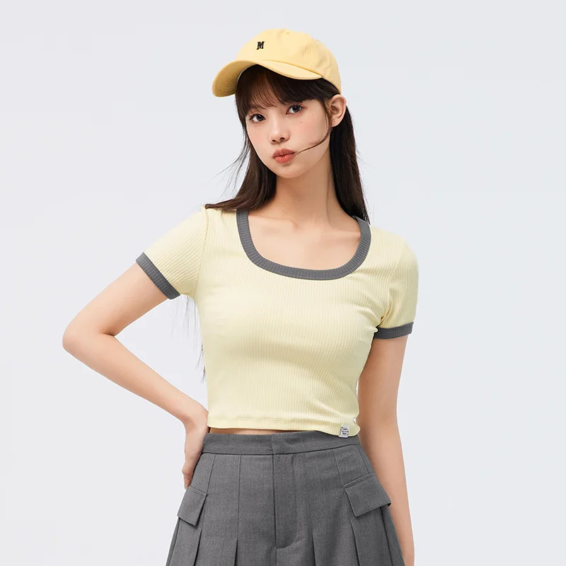 Semir Short Sleeve T Shirt Women Short Front Shoulder Sexy Overlay 2023 Summer New Contrast Tight Tshirt Versatile