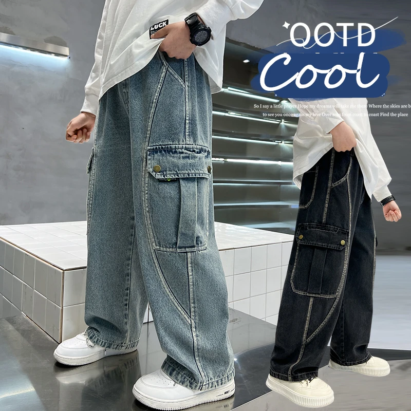 

Retro Boys Wide Straight Cargo Jeans With Pocket Kids Child Streetwear Gothic High Waist Black Blue y2k Denim Trousers Age 4-14Y