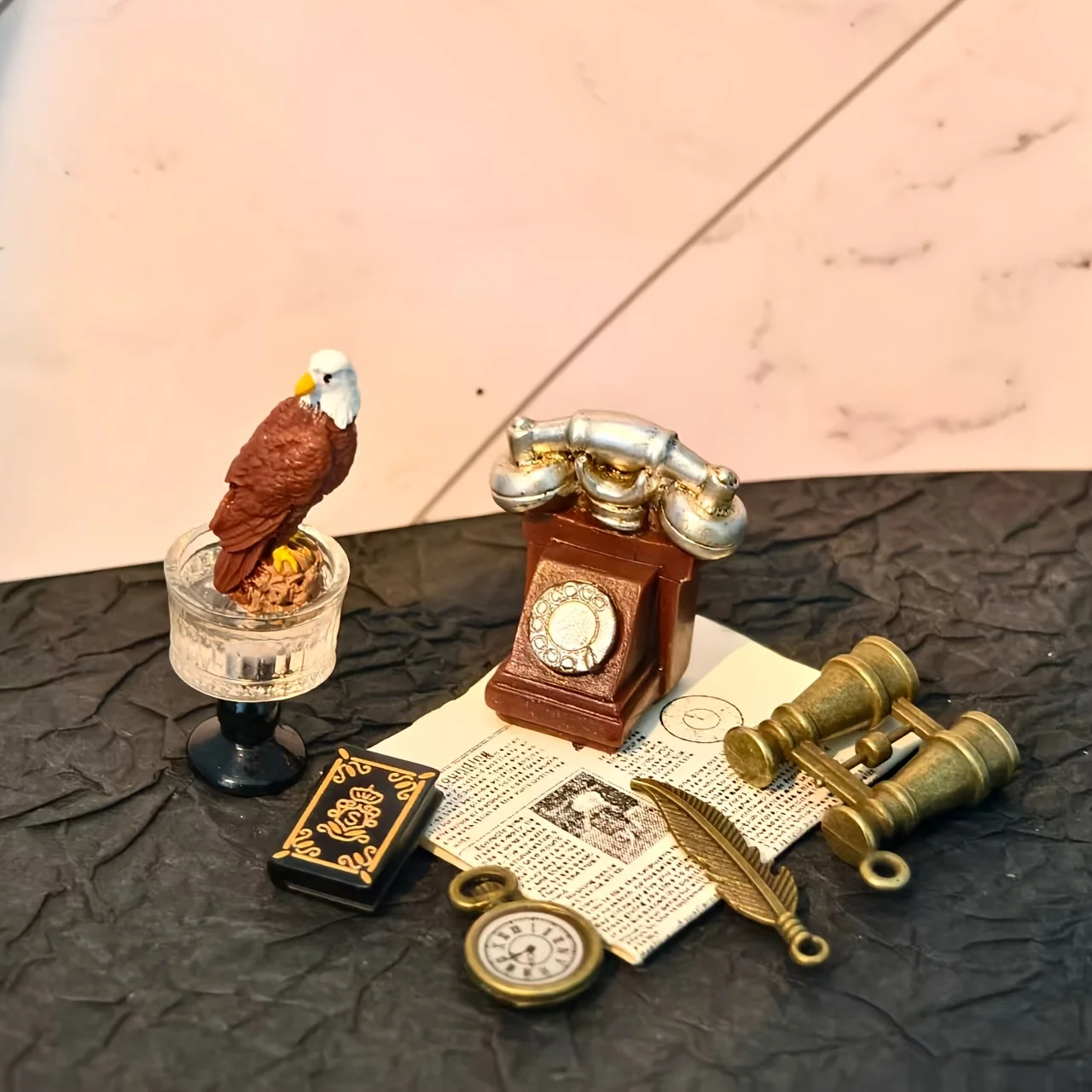 1:12 Dollhouse Miniature Vintage Office Accessories Retro Telephone Pocket Watch Feather Pen Study Room Decor image 6