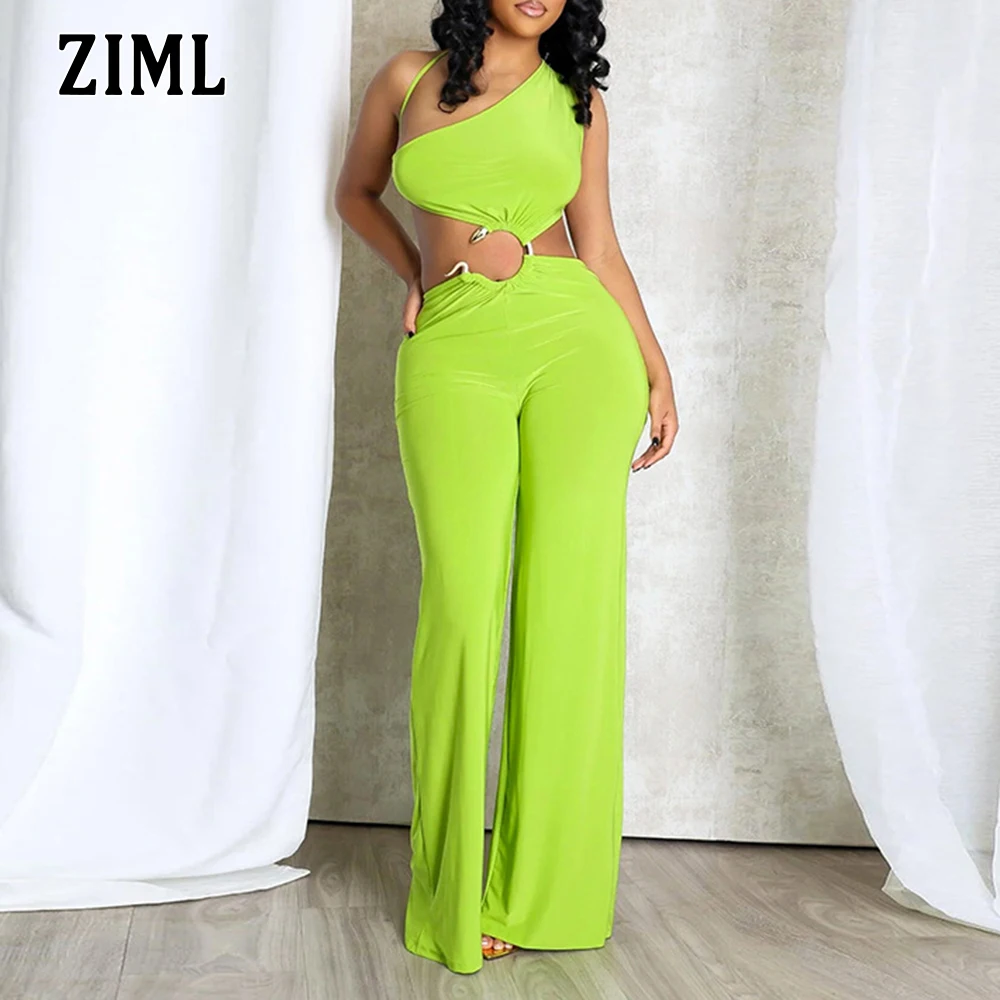 

ZIML Solid Sexy Spliced Metal Slimming Jumpsuits for Women Diagonal Collar Sleeveless High Waist Slimming Jumpsuits Female New