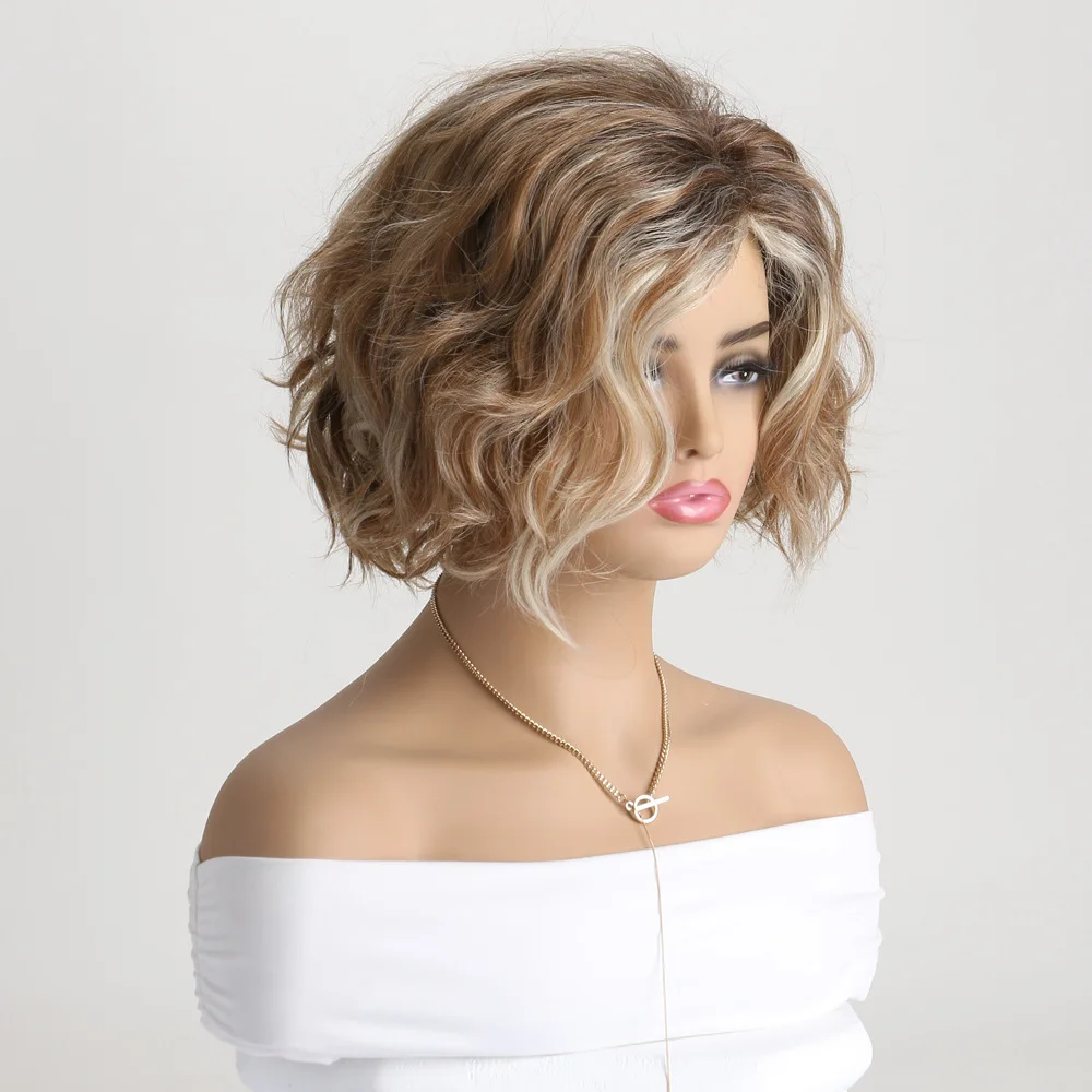 Short Curly Synthetic Hair for Women Heat Resistant Blonde Ombre Loose Wave Bob Wig Costume Party Wigs for Woman