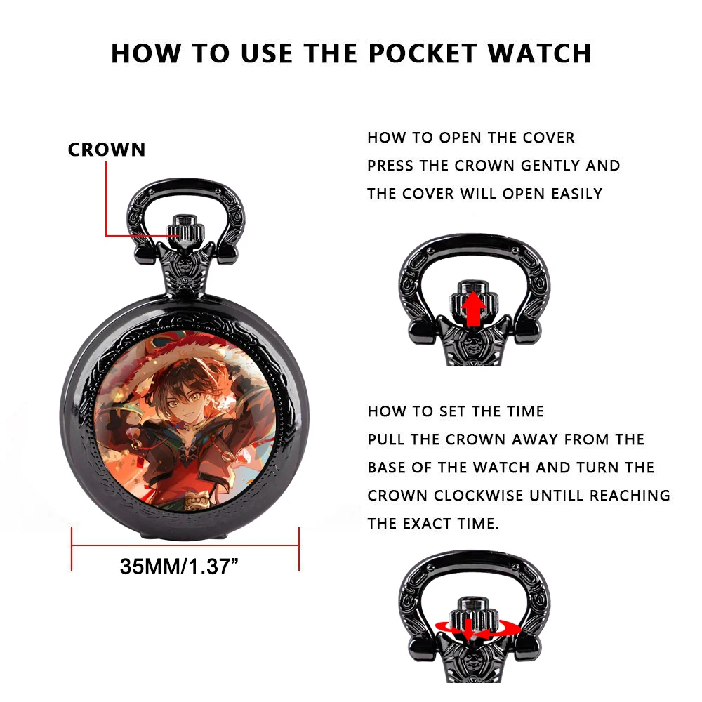 Genshin Impact Quartz Pocket Watch Crystal Dome Reinforced Chain Distinctive Arabic Dial Ideal Present For Gaming Enthusiasts