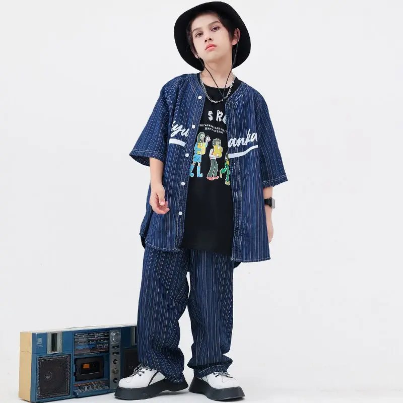 

Kids Boys Girls Stripe Denim Shirts Pants Suits Sets Fashion Streetwear Baseball Shirt Pant Children Tracksuits Hip Hop Clothing