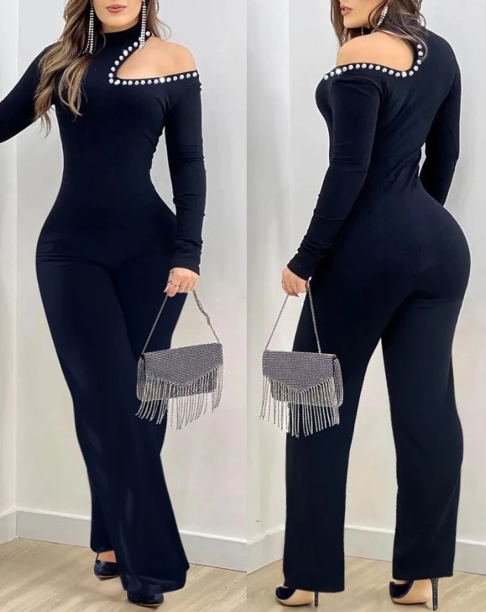 

Jumpsuit Women 2025 Spring New Fashion Rhinestone Cold Shoulder High Neck Long Jumpsuit Long Sleeve Slim Fit Flared Jumpsuit