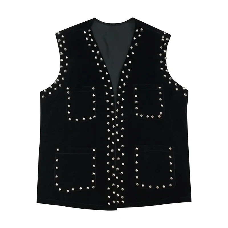 Gilet in velluto dorato giacca da donna Casual rivetto decorativo Gilet senza maniche 2022 primavera autunno tasca Cardigan nero Gilet Femme