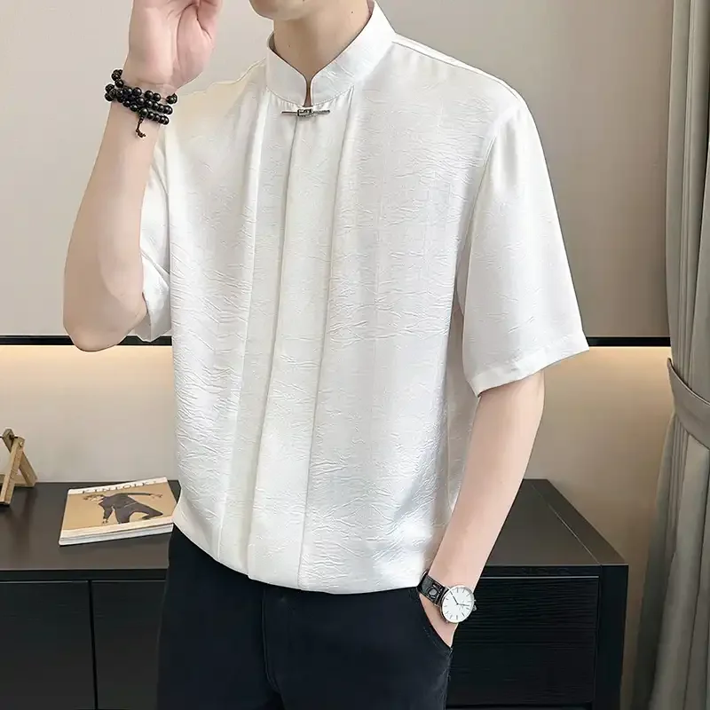 Men's White Textured Mandarin Collar Short Sleeve Shirt with Metal Frog Closure Chinese Style Casual Top