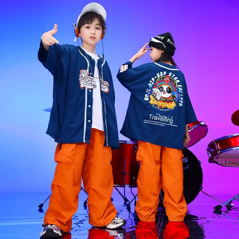 Girls Jazz Dance Clothes Baseball Jacket Orange Cargo Pants Boys Streetwear Sweatshirt Joggers Kids Ballroom Hip Hop Stage Wear