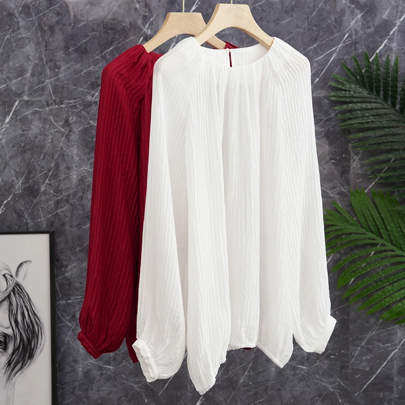 

Ele Aesthetic Bubble Texture Embroidered Heavyweight Faionable Silk ape irt Women Silk Lantern Sve Top