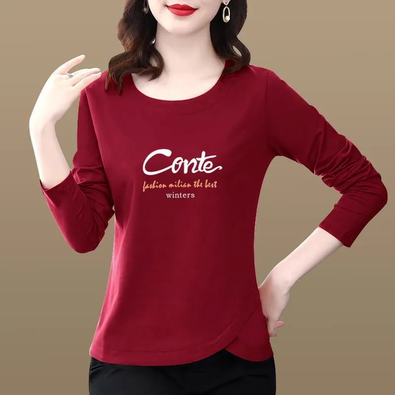 Schmal geschnittenes, langärmliges, rundhalsiges Baumwoll-T-Shirt für Damen, lässiges Basic-Unterhemd, koreanischer Stil, Herbst/Winter, Neu eingetroffen