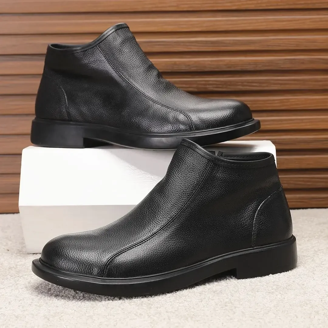 Autumn Winter New Genuine Leather Men's Mid Height Chelsea Boots Casual Zipper First Layer Cowhide Mature Style Footwear