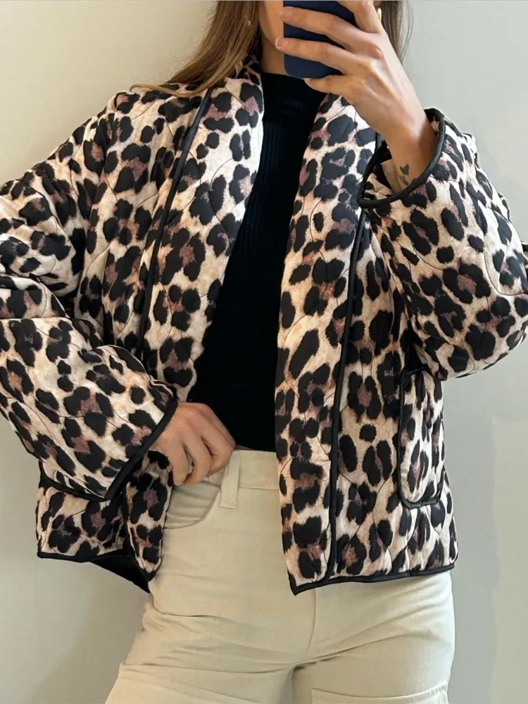 New Leopard Print Streetwear Casual Women Coats Lapel Loose Fashion Quilted Cotton Jacket Autumn 2024 Chic Female Winter Outwear