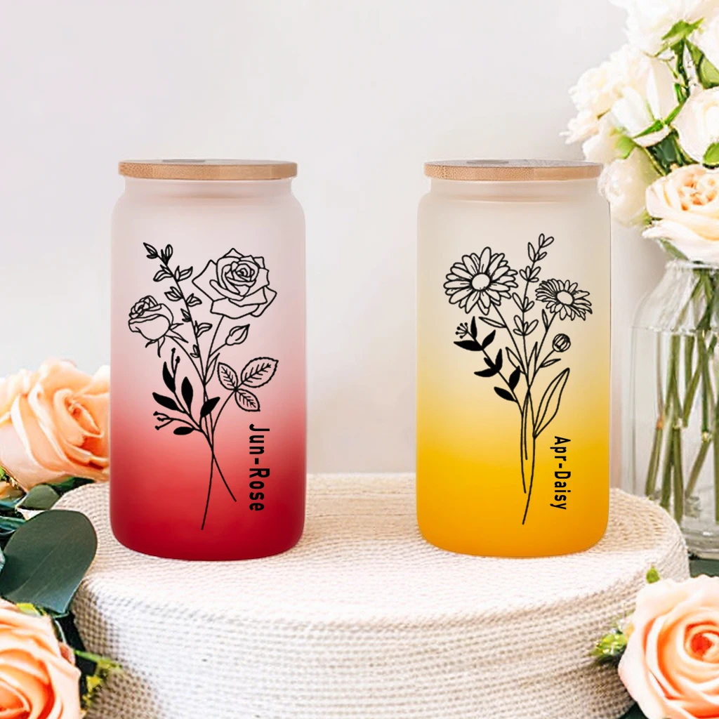 Birth Month Flower Drinking Glass With Lid And Straw Frosted Glass Can Shaped Water Cup12pcs Birth Month Flower Available