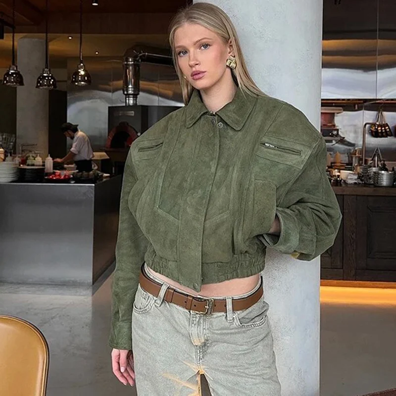 

Short Coat Autumn Winter Streetwear Lady Outwears Vintage Suede Jacket For Women Long Sleeve Pocket Turn-down Collar Zipper