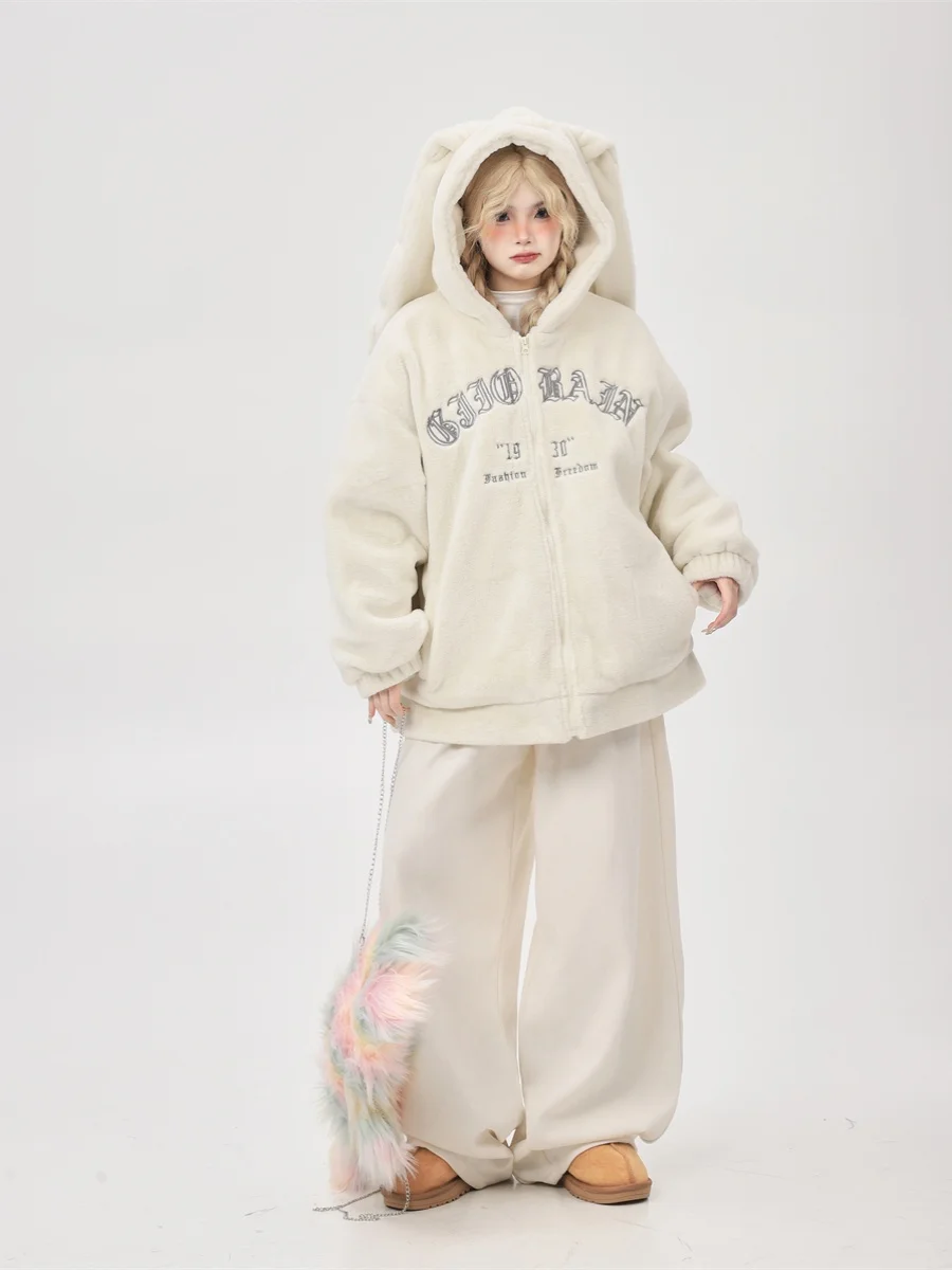 

Американское хлопковое пальто с капюшоном и кроличьими ушками из искусственного меха ягненка, женское свободное зимнее хлопковое пальто Thiened