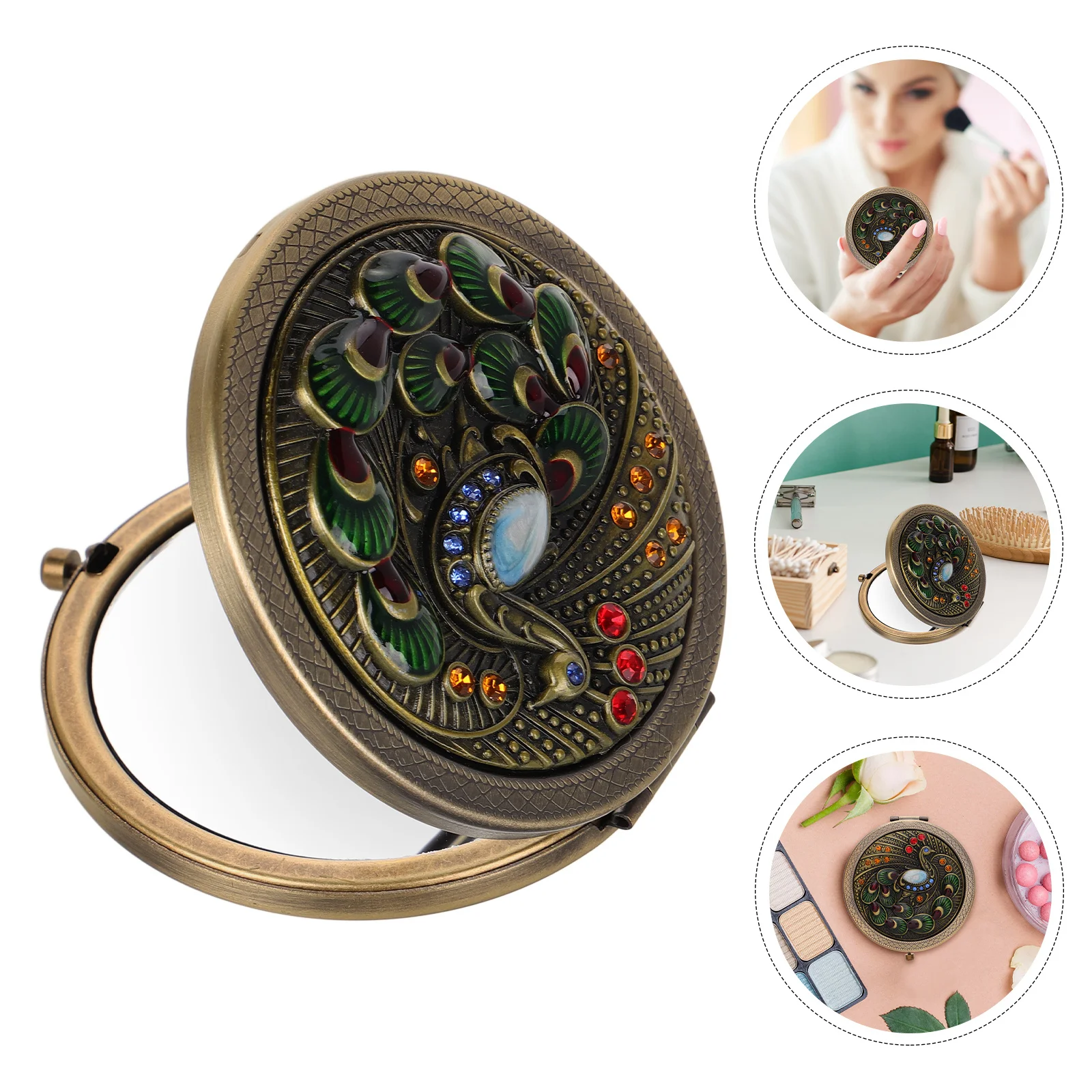 

Vintage Peacock Metal Folding Makeup Mirror Gold Compact Small Round Purse Mirror Portable Travel Use Compact Mirrors