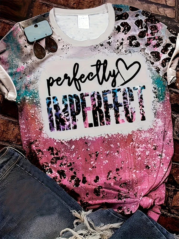 

Fashion Round Neck Leopard Printed Letter Short Sleeve T Shirt Loose Fit Comfortable Breathable Women's Short Sleeve T Shirt