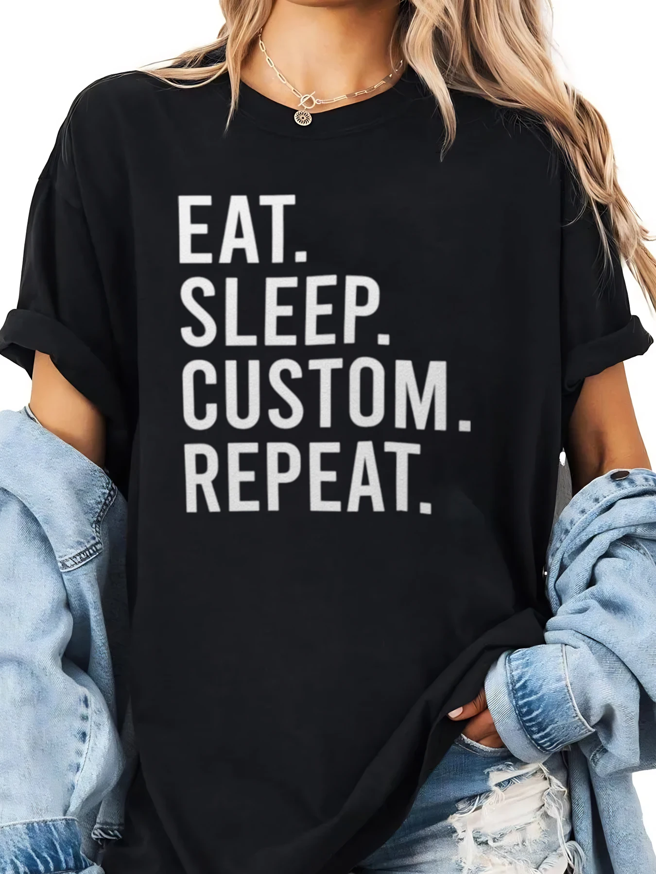 أكل النوم مخصص تكرار طباعة تي شيرت هالوين المرأة عارضة ارتداء اليومي الأسود زائد الحجم