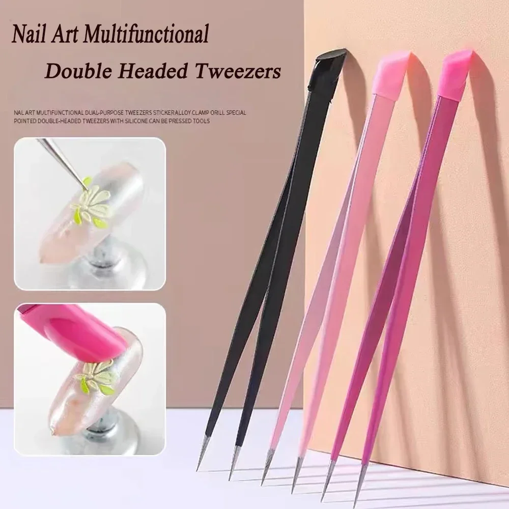 Makeup Tool DoubleSlant Tip Headed Tweezers Stainless Steel Black/Pink Silicone Press Head For Nail Stickers Eyelashes Tweezers