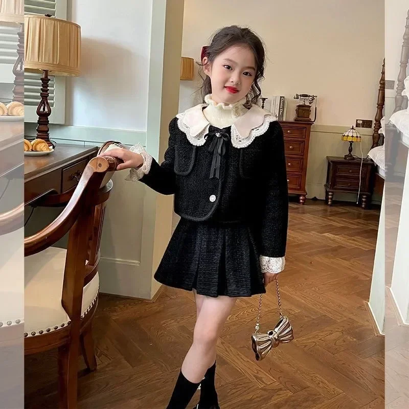 

Girls' Small Fragrant Style Suit, New Spring and Autumn Coat, Pleated Skirt, Lace Collar Temperament, Long-sleeved Two-piece Set