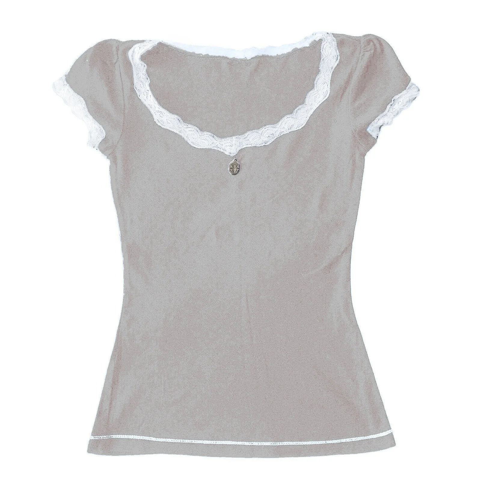 Women\'s Summer Solid Color Tops Short Sleeve Sweet Elegant Lace Trim Round Neck Slim Fit Daily T-Shirt