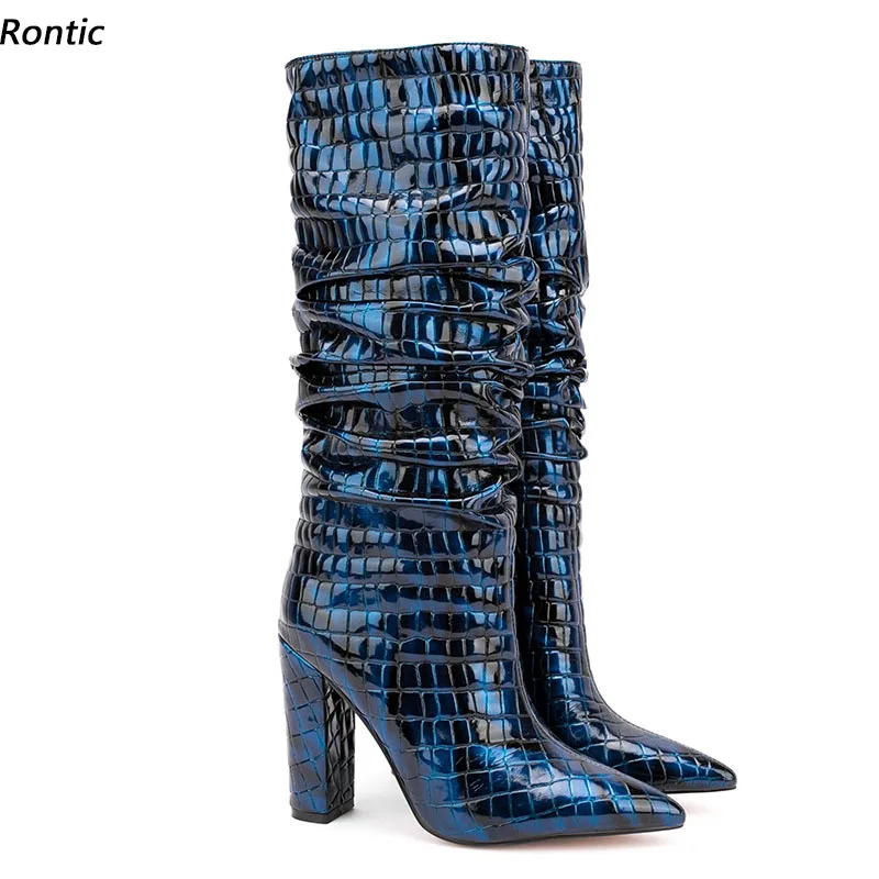 Rontic 2022 Handmade Women Winter Knee High Boots Pleated Slip On Chunky Heels Pointed Toe Pretty Blue Party Shoes Size 35-47