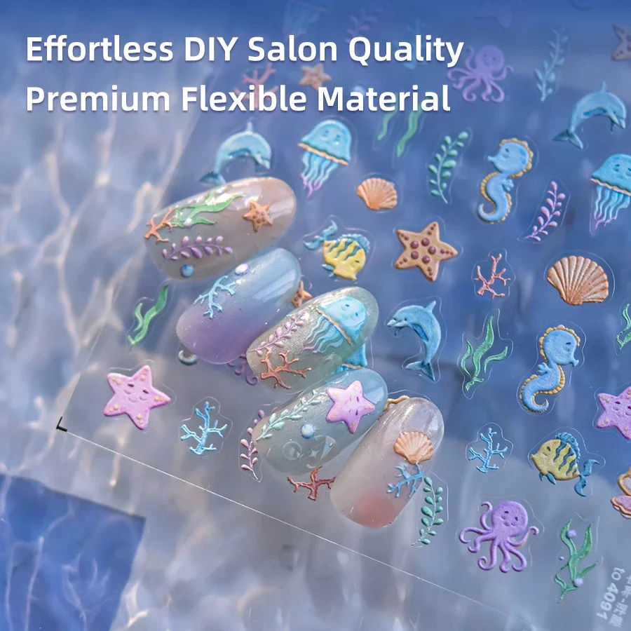 

3D Cute Ocean Animals Embossed Nail Stickers Kawaii Jellyfish Starfish Relief Adhesive Sliders Summer Beach Diy Nail Art Decor