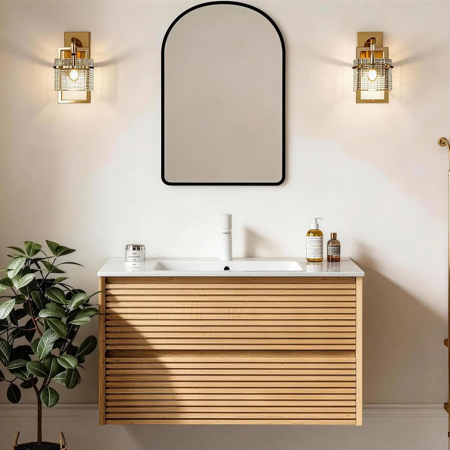 

36" Floating Bathroom Vanity Single Sink, Fluted Cabinet, 2 Soft Close Drawers, Integrated Ceramic Basin, Plywood,, Customized