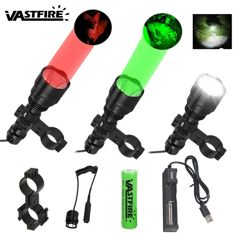 

Tactical C8 Hunting Flashlight Green Red 1-Mode Predator Handheld Torch for Coyote Hog Varmint+Clip+Tail Switch+18650+Charger