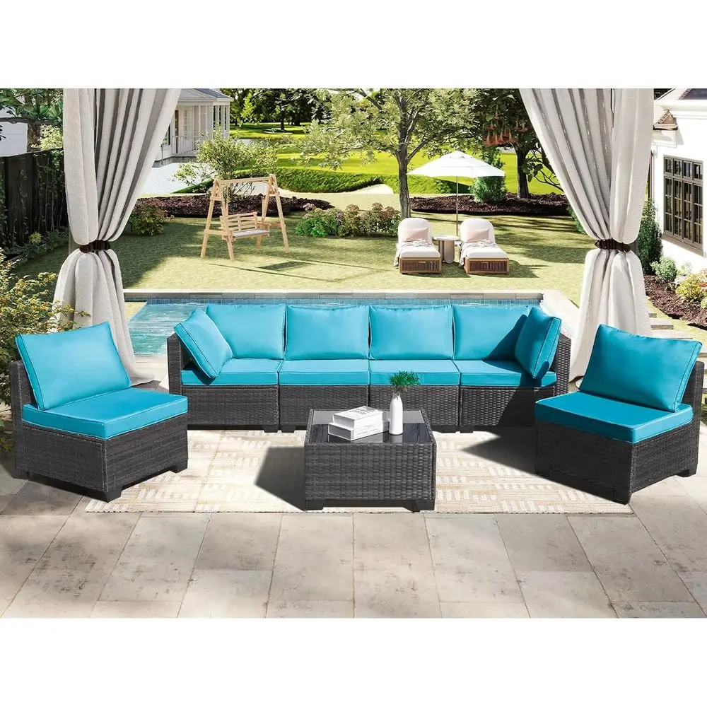 

All-Weather Wicker Rattan Patio Furniture Set with Glass Coffee Table, Washable Cushions, Peacock Blue