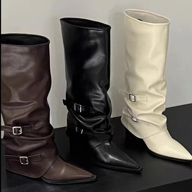 

Women's Knee High Boots Fashion Thick-heeled Pointe Leather Boots Designer Belt Buckle High-Tube Long Boots Women Knight Booties
