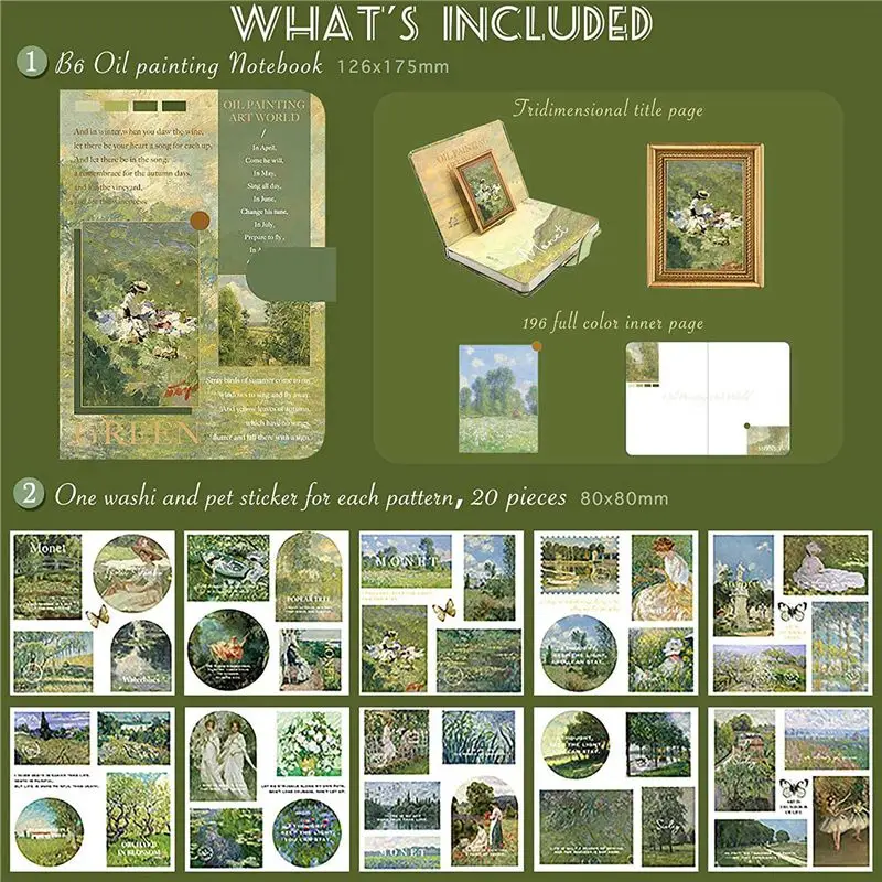 【BIG-SALE】Aesthetic Scrapbook Journaling Kit,Vintage Oil Painting B6 Notebook Scrapbooking Supplies Art Stickers,A