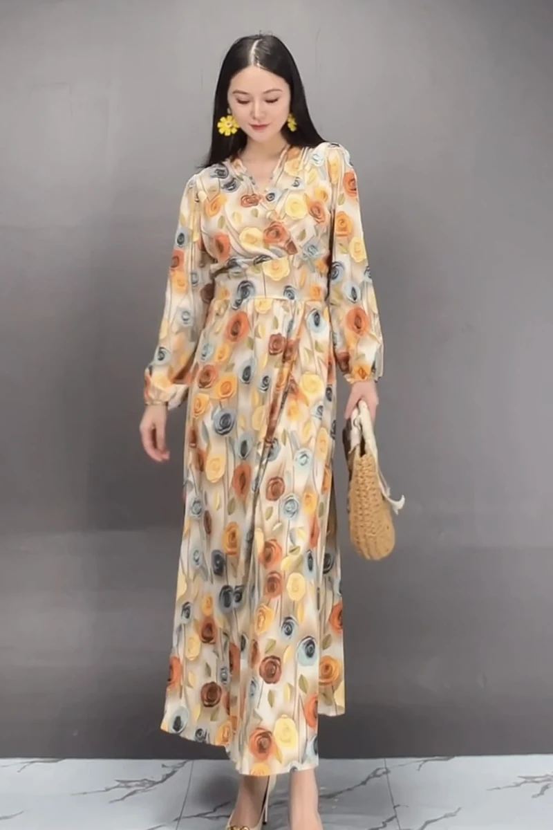 2024 Autumn New Elegant Folds Printed Loose Long Dresses Women Trendy Fashion V Neck Long Sleeve Dress Wholesale J402