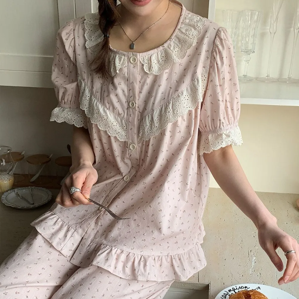 

Cotton Yarn Chest Pad Pajamas Women's Summer Short-sleeved Trousers Set Lace Lace Sweet Princess Loungewear