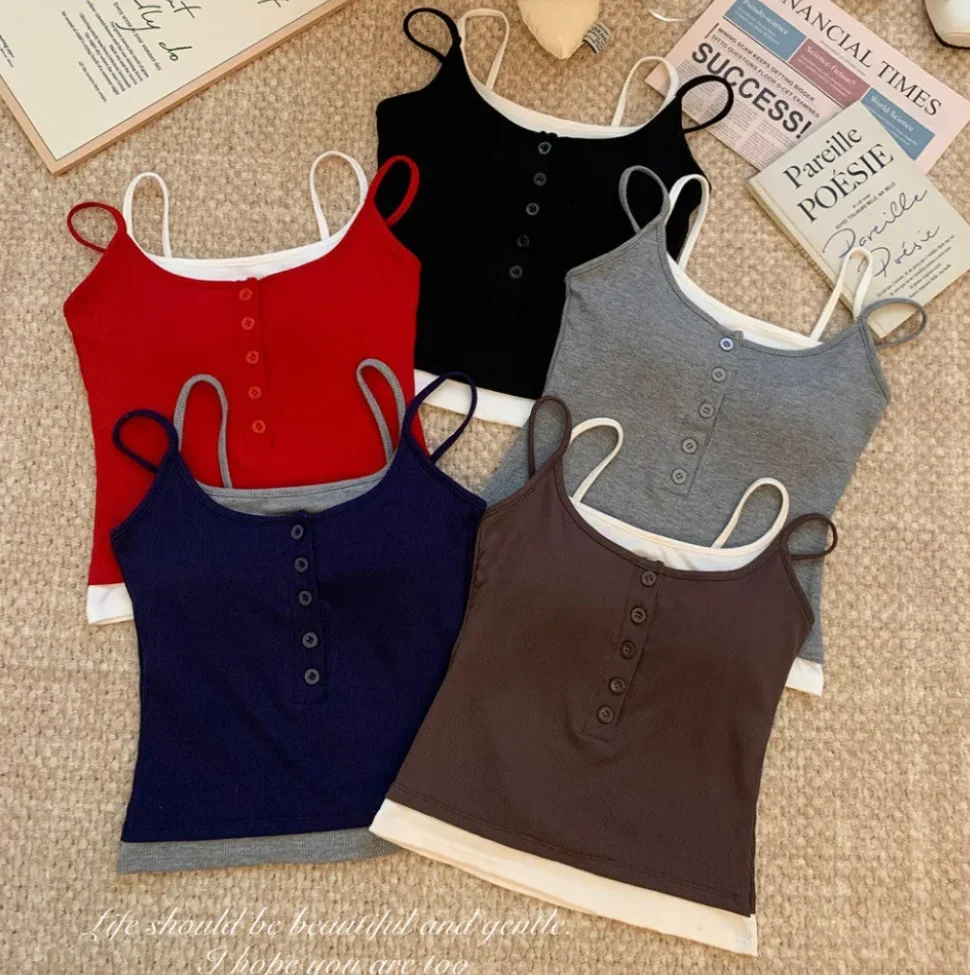 Summer Casual Yoga Tank Top Spicy Girl Spaghetti Strap Button Camisole Vest With Chest Pad Fashion Color Blocking Tank Top Women