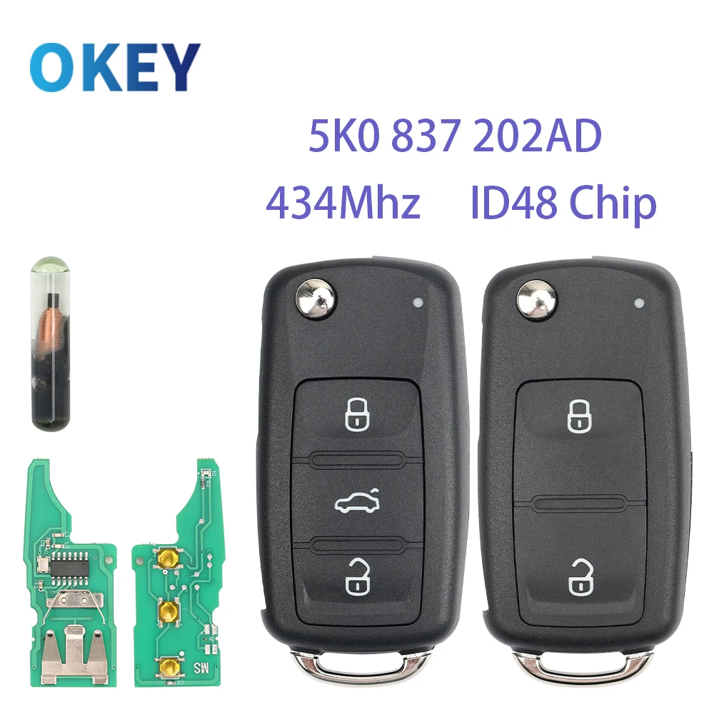 Okey Remote Flip Car Key 434Mhz ID48 Chip FCCID: 5K0837202AD For VW Beetle Eos Golf 6 Jetta Tiguan Seat Skoda Fabia