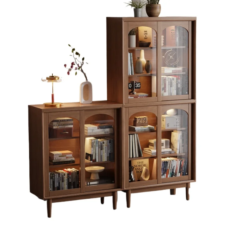 

Низкий шкафчик от пола до потолка из массива дерева для гостиной, встроенный, от стены до стены со стеклянной раздвижной дверью, пыленепроницаемая книжная полка