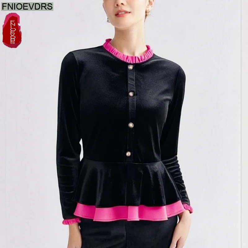 

Black Velvet Peplum Tops Blouses Autumn Winter 2025 Fashion Long Sleeve Office Lady Solid Ruffles Retro Button Basics Shirts