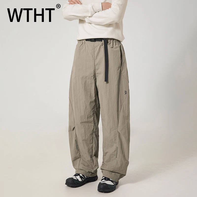 WTHT Fashion Men's Spliced Deconstruction Belt Cargo Pants Trendy 2026 Spring Wide Leg Straight Loose Trousers Male 2A2706