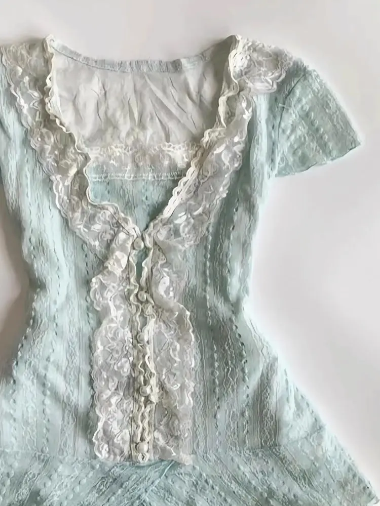 Y2k – ensemble 2 pièces Vintage en dentelle douce pour femmes, robes gothiques à plusieurs niveaux, coupe cintrée, Punk, robe courte, col en v, t-shirts d'été Sexy, robe basique