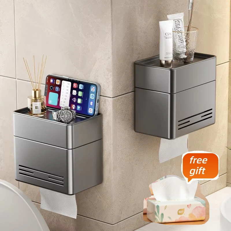 three-layer-paper-drawer-storage-metal-non-porous-multi-functional-toilet-paper-shelf-gray-wall-mounted-shelf-free-toilet-paper