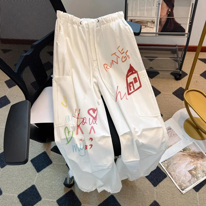 Japanese Design Cartoon Print Dstring Work Pants Loose Fit Summer Faionable Women's Men's Casual Straight Leg Trousers