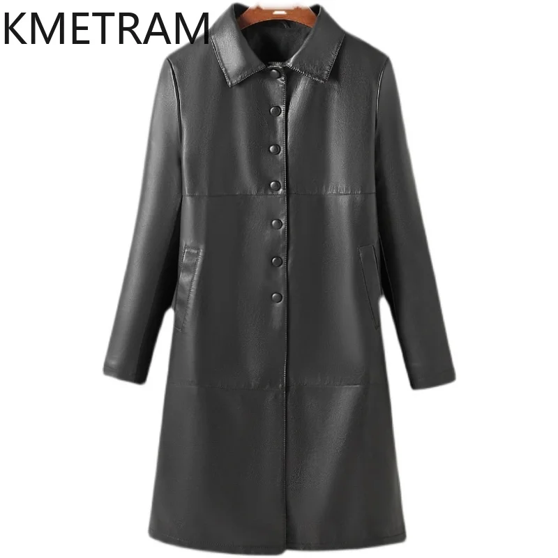 KMETRAM-Chaqueta de piel de oveja auténtica para Mujer, gabardina de longitud media, ajustada, primavera y otoño, 2024