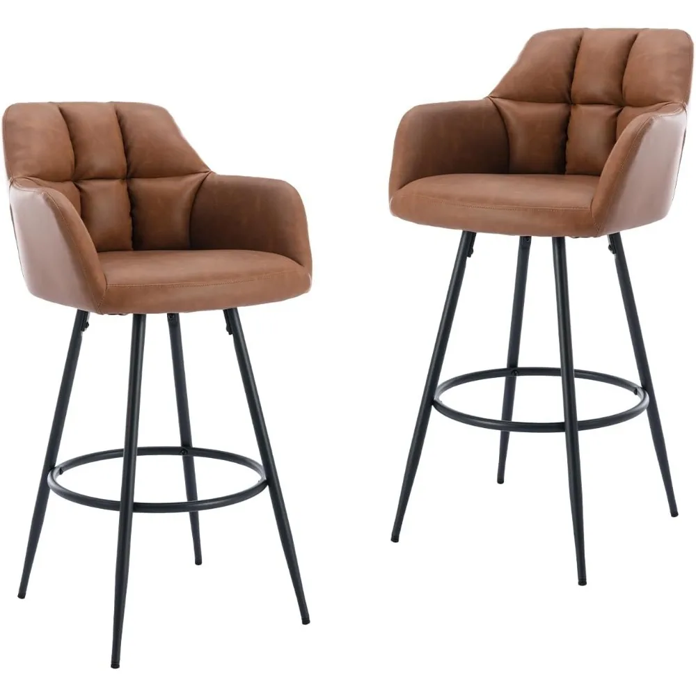 

Brown Leather Bar Stools Set of 2 Modern Upholstered Bar Height Barstools Vintage High Island Chairs with Metal Frame/Back/Arms