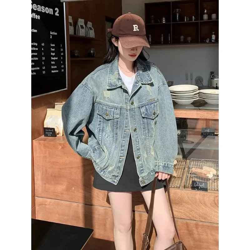New Women's Tooling Denim Jacket Spring and Autumn Unique Super Good-looking Motorcycle Jacket Loose Female Casual Basic Jacket