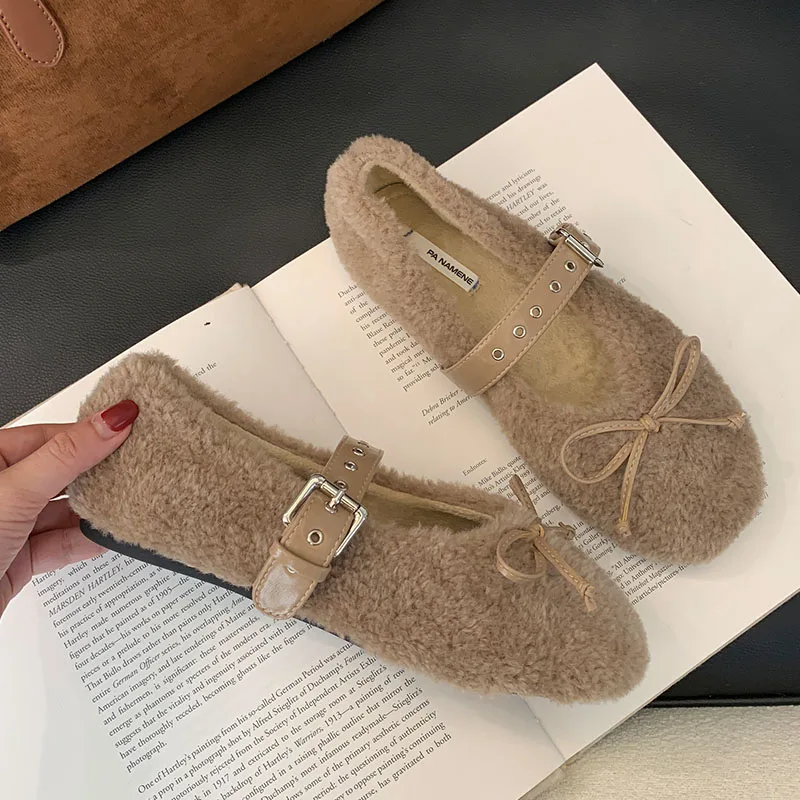 Female Shallow Butterfly-Knot Ladies Flats Mary Janes Warm Shoes Fashion Fur Footwear Buckle Strap Women Flats With Shoes